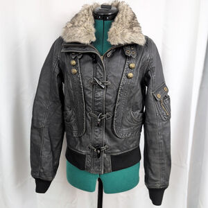 Danier Black Leather Bomber Jacket with Faux Fur Removable Collar